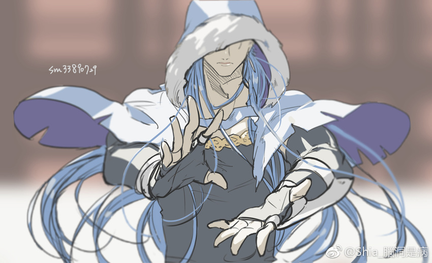 1boy blue_hair capelet cu_chulainn_(caster)_(fate) cu_chulainn_(fate) earrings fate/grand_order fate_(series) fingerless_gloves fur-trimmed_hood fur_trim gloves hood hood_up hooded_capelet iash jewelry long_hair male_focus signature solo straight-on upper_body