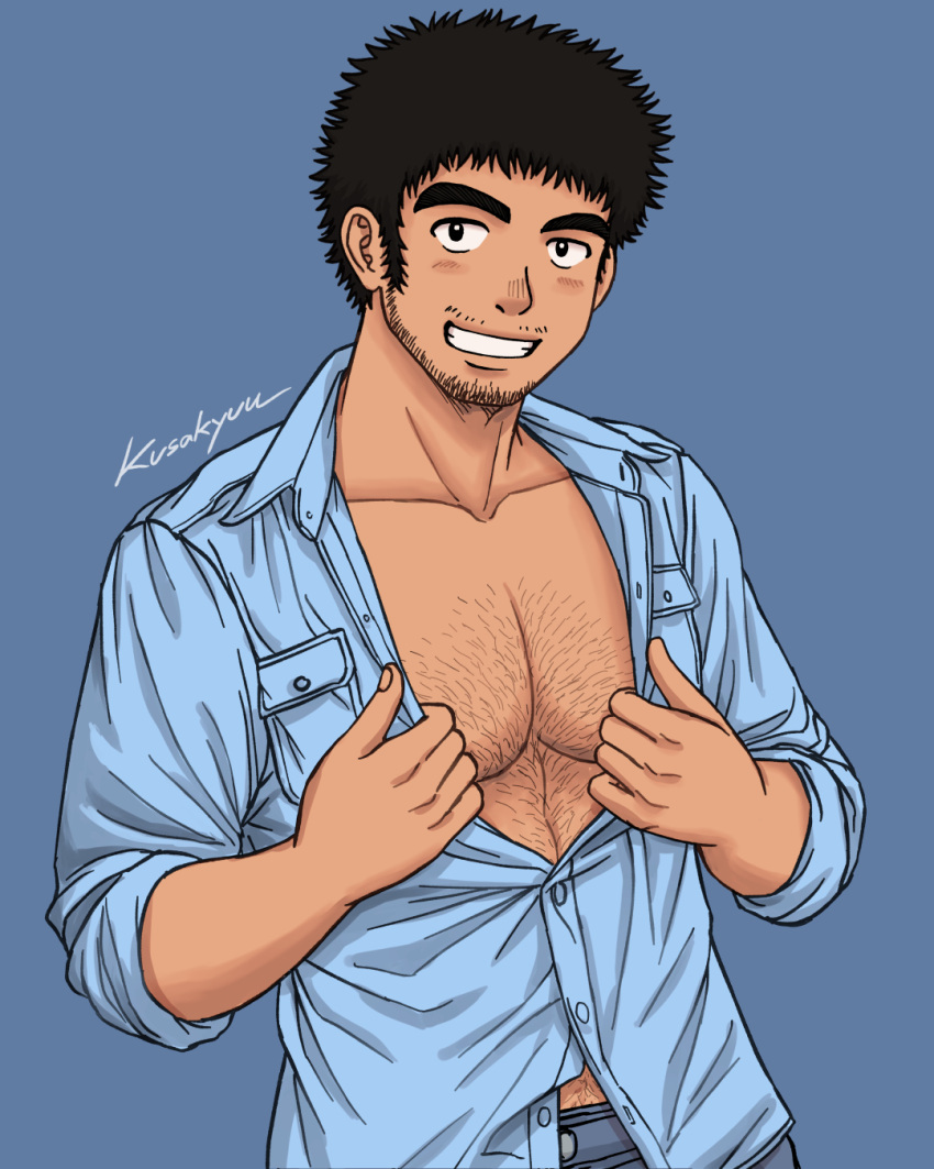 1boy afro bara beard chest_hair collared_shirt cowboy_shot dark-skinned_male dark_skin denim dolrit_(kusakyuu) facial_hair grin highres kusakyuu large_pectorals long_sideburns looking_at_viewer male_focus mature_male muscular muscular_male mustache_stubble original partially_unbuttoned pectoral_cleavage pectorals police police_uniform shirt short_hair sideburns smile solo stubble thick_eyebrows undressing uniform