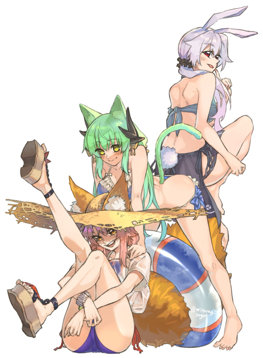 3girls animal_ear_fluff animal_ears ass back bare_shoulders barefoot bikini blue_bikini blush bracelet breasts cat_ears cat_tail closed_mouth dragon_girl dragon_horns fate/grand_order fate_(series) fox_ears fox_girl fox_tail full_body green_hair grey_bikini hair_between_eyes hair_ornament hat highres horns index_finger_raised innertube jewelry kiyohime_(fate) large_breasts leaning_forward legs_up long_hair looking_at_viewer looking_back low_ponytail medium_breasts mitsurugi_sugar multiple_girls multiple_horns open_mouth pink_hair platform_footwear rabbit_ears rabbit_tail red_eyes sarong shirt short_sleeves sidelocks sitting smile straw_hat swimsuit tail tamamo_(fate) tamamo_no_mae_(swimsuit_lancer)_(fate) tamamo_no_mae_(swimsuit_lancer)_(first_ascension)_(fate) tomoe_gozen_(fate) white_hair white_shirt yellow_eyes