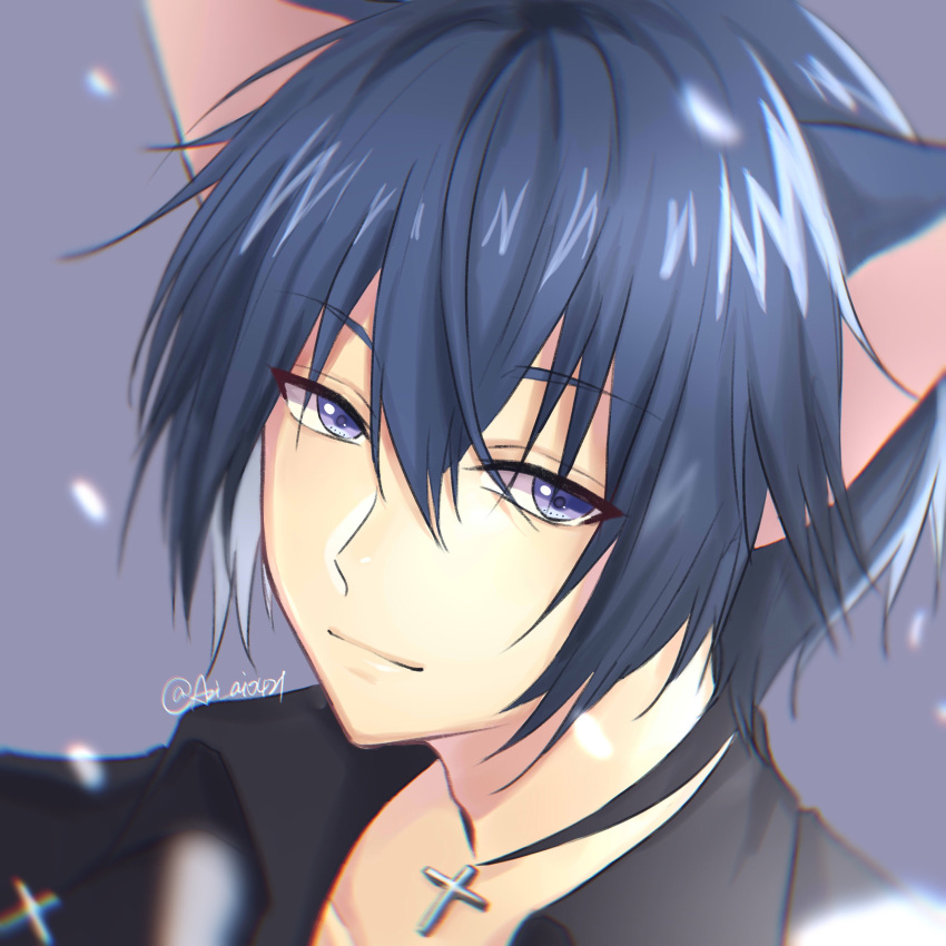 1boy absurdres animal_ears azusa_(azu_ai0421) black_choker black_shirt blue_eyes blue_hair cat_boy cat_ears choker closed_mouth collared_shirt cross cross_choker dark_blue_hair grey_background highres looking_at_viewer male_focus shirt short_hair shugo_chara! smile solo tsukiyomi_ikuto twitter_username