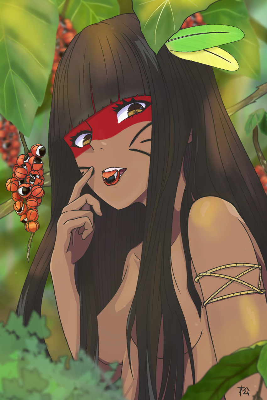 1girl absurdres black_hair brazil brchan breasts brown_eyes commentary dark-skinned_female dark_skin english_commentary facepaint feather_hair_ornament feathers finger_to_face foliage food_in_mouth food_request from_side hair_ornament hair_over_breasts highres hime_cut kuruminha leaf long_hair looking_at_viewer matsudart medium_breasts mouth_hold signature smile string teeth topless upper_body very_long_hair