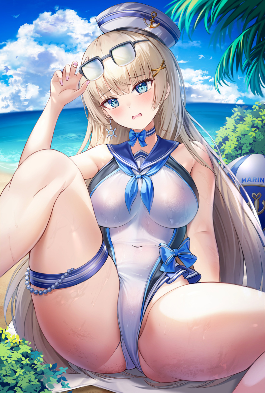 1girl absurdres adjusting_eyewear arm_support arm_up ass beach blonde_hair blue_eyes blue_sailor_collar blue_sky bnari bow breasts bush cloud commentary_request competition_swimsuit covered_navel day eyewear_on_head hair_between_eyes hair_ornament hat highres horizon long_hair medium_breasts ocean one-piece_swimsuit open_mouth original outdoors palm_tree sailor sailor_collar sailor_hat sailor_one-piece_swimsuit sitting sky spread_legs swimsuit thigh_strap thighs tree wavy_mouth white_one-piece_swimsuit x_hair_ornament