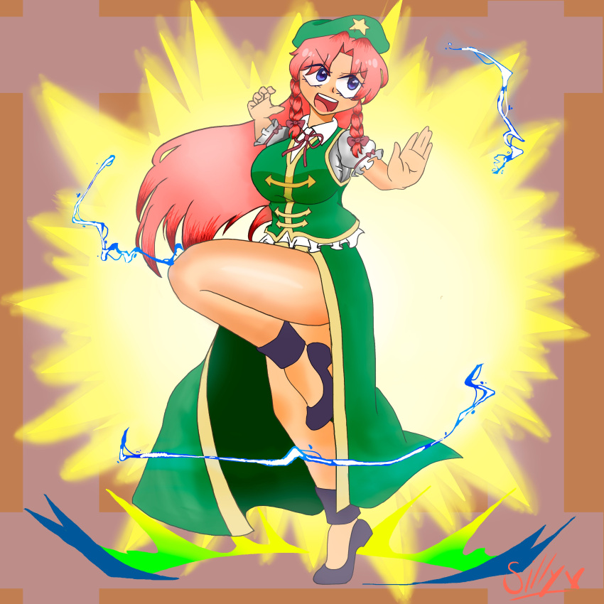 absurdres bad_anatomy black_footwear blue_eyes breasts chinese_clothes cuchu dress green_dress hat highres hong_meiling large_breasts legs light red_hair simple_background smile star_(symbol) thick_thighs thighs thunder touhou watermark