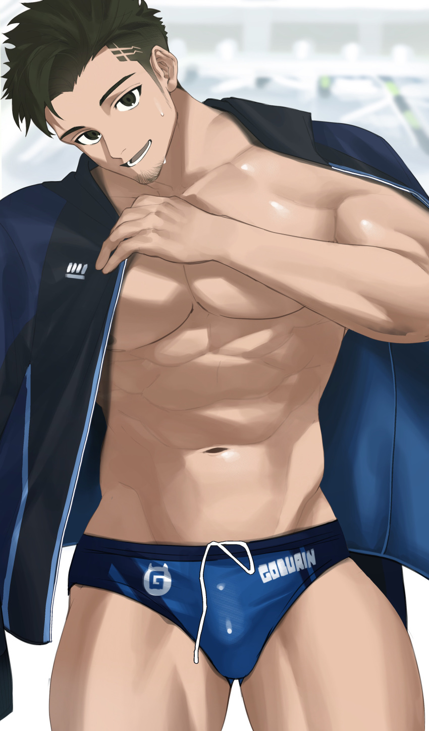 1boy abs absurdres bara bare_pectorals blue_jacket blue_male_swimwear bulge feet_out_of_frame goatee_stubble goburin_second hand_up head_tilt highres jacket jacket_on_shoulders large_pectorals long_sideburns looking_at_viewer male_focus male_swimwear muscular muscular_male navel nipples open_clothes open_jacket original pectorals short_hair sideburns solo standing stomach swim_briefs thick_eyebrows thick_thighs thighs track_jacket undercut unzipped