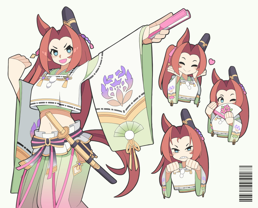 1girl absurdres animal_ears arm_up blush breasts brown_hair clenched_hand clenched_teeth closed_eyes cowboy_shot ear_covers english_commentary forehead grimace hair_intakes hand_fan heart highres horse_ears horse_girl horse_tail japanese_clothes kawakami_princess_(suikan_beauty)_(umamusume) kawakami_princess_(umamusume) kimono long_hair medium_breasts midriff multiple_views navel official_alternate_costume official_alternate_hairstyle open_mouth sheath sheathed simple_background single_ear_cover soulmaster_uwu sword tail teeth umamusume v-shaped_eyebrows weapon white_background