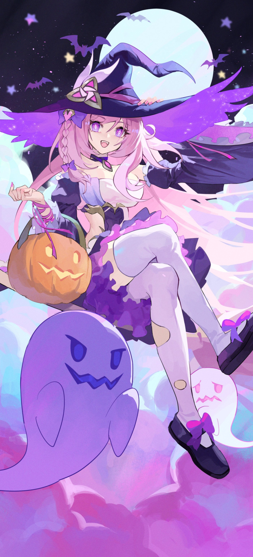 1girl :d absurdres animal arm_up bat_(animal) black_footwear blue_headwear braid breasts broom broom_riding cloud commentary_request crossed_legs detached_sleeves elysia_(honkai_impact) fangs full_moon ghost hair_between_eyes halloween_bucket hand_on_headwear hat highres honkai_(series) honkai_impact_3rd juliet_sleeves long_hair long_sleeves medium_breasts moon night night_sky pink_hair puffy_sleeves purple_eyes purple_sleeves shoe_soles shoes sky smile solo teeth thighhighs torn_clothes torn_thighhighs upper_teeth_only very_long_hair white_thighhighs wide_sleeves witch_hat xinliu_asato