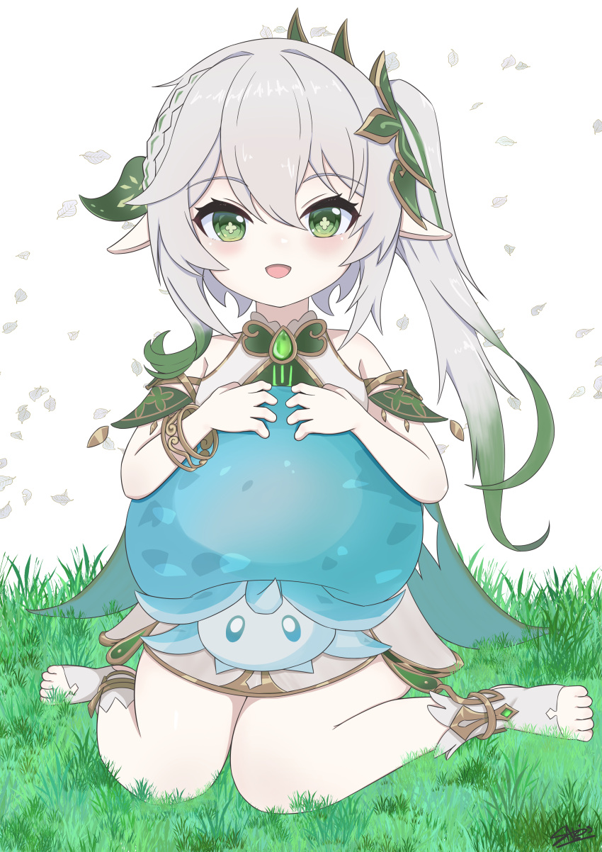 1girl :d absurdres bare_shoulders braid character_request commentary_request cross-shaped_pupils dress genshin_impact green_eyes green_hair grey_hair hair_ornament highres long_hair looking_at_viewer multicolored_hair nahida_(genshin_impact) on_grass pointy_ears sato_art side_ponytail simple_background sitting sleeveless sleeveless_dress smile socks stirrup_legwear streaked_hair symbol-shaped_pupils toeless_legwear very_long_hair wariza white_background white_dress white_socks