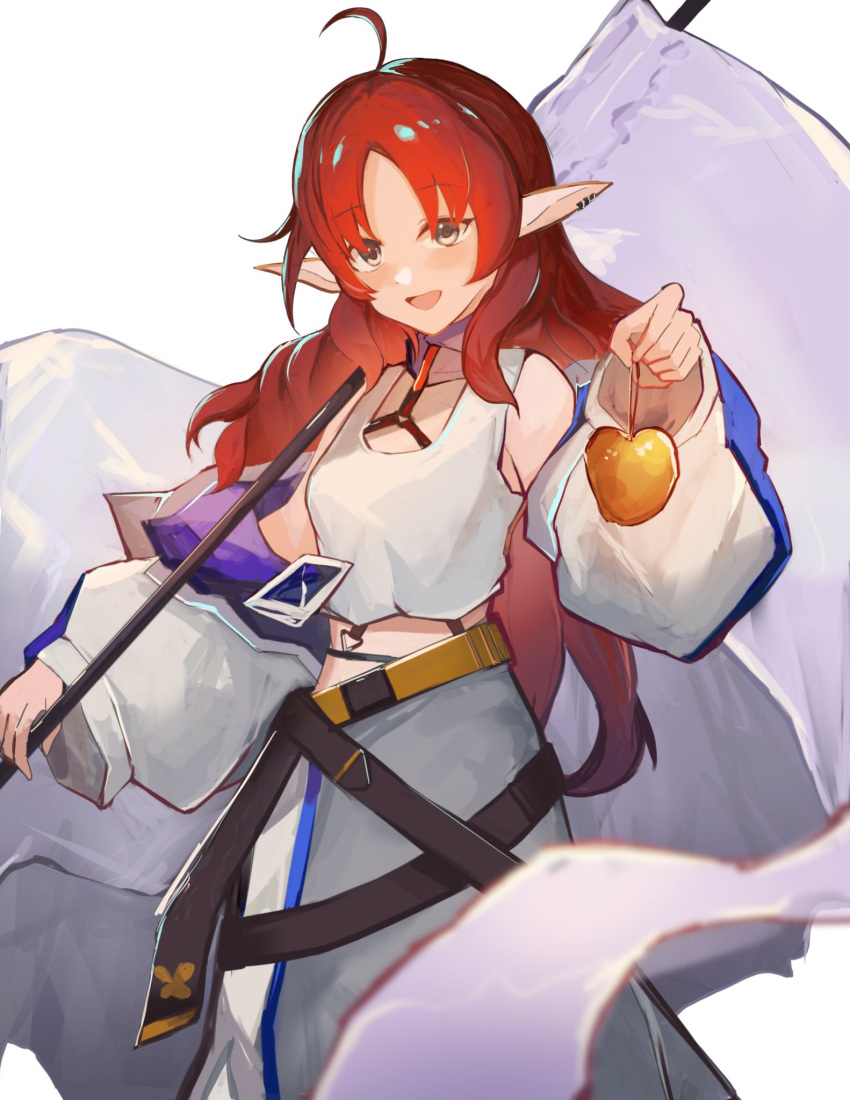 1girl apple arknights belt breasts commentary crop_top earrings feet_out_of_frame flag food fruit golden_apple highres holding holding_flag holding_food holding_fruit jacket jewelry long_hair looking_at_viewer multiple_girls myrtle_(arknights) open_mouth parted_bangs pointy_ears puffy_sleeves red_hair ruyu_(txzy22) shirt sidelocks simple_background skirt small_breasts smile solo wavy_hair white_background white_flag white_jacket white_shirt white_skirt yellow_eyes