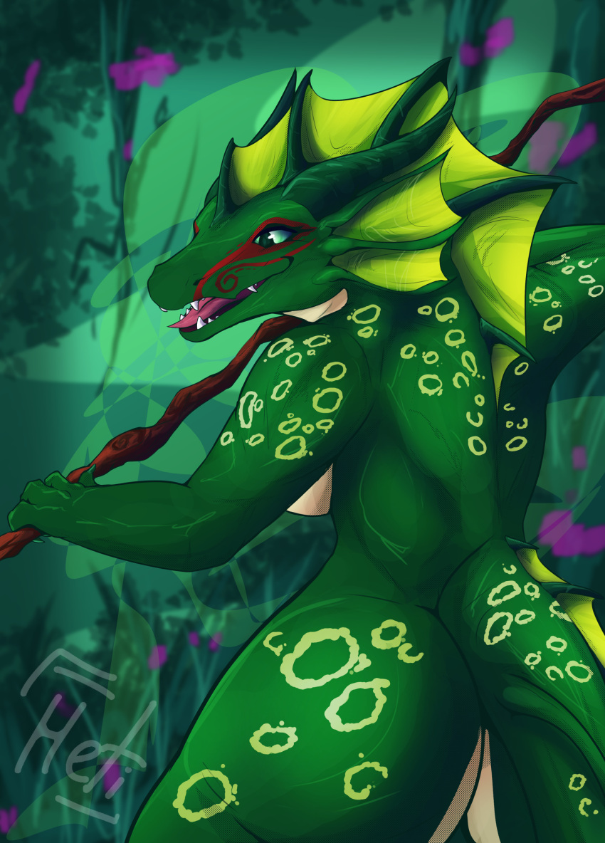 anthro back blue_eyes breasts butt dragheti dragon female flower forest forest_background forest_dragon frill_(anatomy) genitals hi_res horn jungle magic_user markings nature nature_background open_mouth penis plant solo spots spotted_body tree valynia_(xander45) witch wooden_shaft