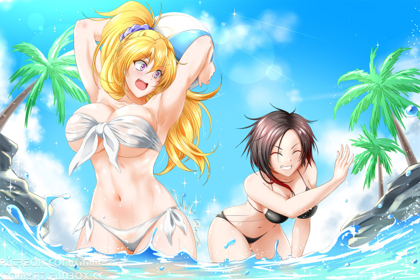 2girls ^_^ armpits ass_smack bandeau bikini black_bikini black_hair blonde_hair blue_sky blush body_blush breasts cameltoe cleavage closed_eyes cloud collarbone day front-tie_bikini_top front-tie_top grin groin highres huge_breasts kimmy77_art large_breasts lens_flare linea_alba long_hair looking_at_another looking_back multicolored_hair multiple_girls navel ocean open_mouth outdoors palm_leaf palm_tree purple_eyes red_hair rock ruby_rose rwby shiny_skin short_hair siblings side-tie_bikini_bottom sisters sky smile spanking sparkle standing strapless strapless_bikini streaked_hair surprised swimsuit teeth tongue tree two-tone_hair upper_teeth_only v-shaped_eyebrows water water_drop wet white_bikini yang_xiao_long