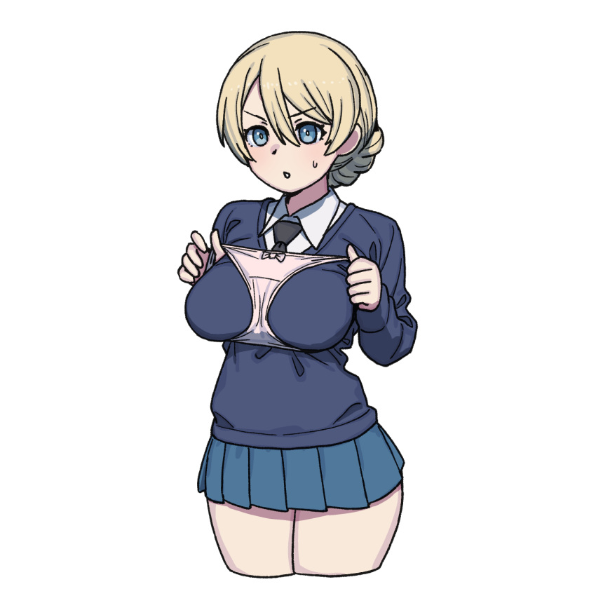 1girl black_necktie blonde_hair blue_eyes blue_skirt blue_sweater bow bow_panties braid braided_bun breasts bright_pupils collared_shirt commentary cowboy_shot darjeeling_(girls_und_panzer) girls_und_panzer hair_between_eyes hair_bun highres holding holding_clothes holding_panties holding_underwear large_breasts long_sleeves necktie onsen_tamago_(hs_egg) panties panties_over_clothes pink_panties pleated_skirt shirt short_hair sidelocks simple_background skirt solo standing sweatdrop sweater symbol-only_commentary thighs underwear v-shaped_eyebrows white_background white_pupils white_shirt