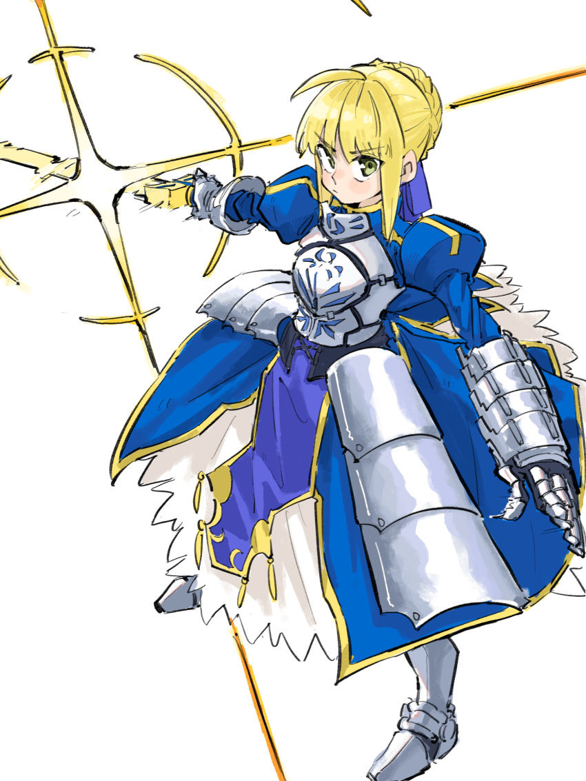 1girl ahoge armor armored_boots armored_dress artoria_pendragon_(fate) blonde_hair blue_dress blue_ribbon boots dress excalibur_(fate/stay_night) fate/stay_night fate_(series) faulds fighting_stance gauntlets green_eyes hair_bun hair_ribbon highres holding holding_sword holding_weapon looking_at_viewer ribbon saber serious sidelocks simple_background sketch solo sword tenoo12 weapon white_background