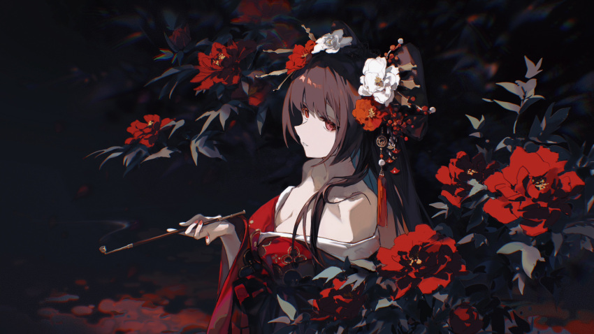 1girl absurdres branch breasts brown_hair cleavage collarbone floral_print flower from_side hair_ornament hair_rings highres holding holding_smoking_pipe japanese_clothes kanzashi kimono long_bangs long_hair looking_at_viewer mechari medium_breasts nail_polish off_shoulder original print_kimono red_eyes red_flower red_kimono red_nails sidelocks smoke_trail smoking_pipe solo tassel tree upper_body