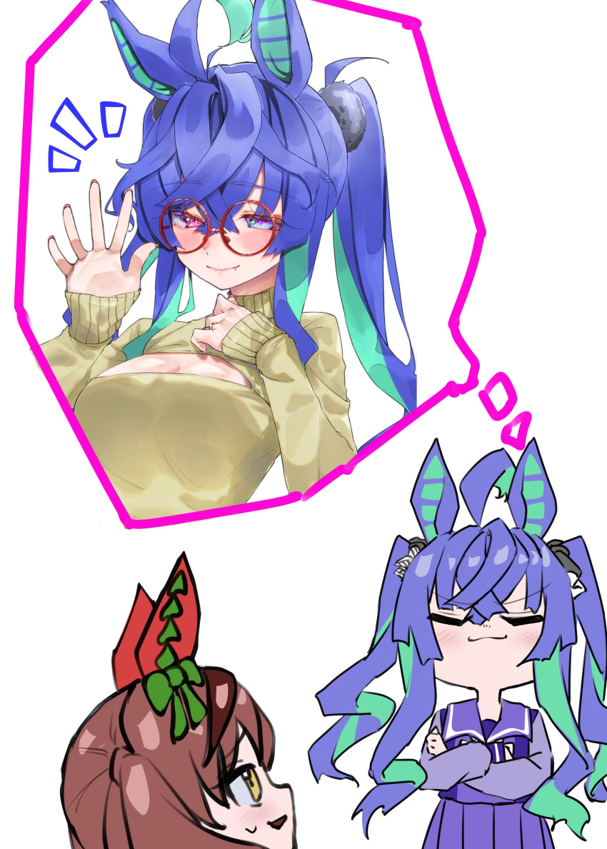 2girls :3 @_@ absurdres aged_up ahoge alternate_costume animal_ears aqua_hair bespectacled blue_eyes blue_hair blush bow bowtie brown_hair casual cleavage_cutout closed_eyes closed_mouth clothing_cutout crossed_arms crossed_bangs ear_covers fang fang_out glasses hair_between_eyes hair_tie half-closed_eyes heterochromia highres homozerion horse_ears horse_girl jewelry long_hair long_sleeves looking_at_viewer multicolored_hair multiple_girls nice_nature_(umamusume) pleated_skirt purple_bow purple_bowtie purple_shirt purple_skirt red-framed_eyewear red_eyes ring round_eyewear sailor_collar school_uniform shirt short_hair sidelocks skirt sleeves_past_wrists smile sweatdrop sweater thought_bubble tracen_school_uniform turtleneck turtleneck_sweater twin_turbo_(umamusume) twintails two-tone_hair umamusume upper_body waving wedding_ring white_sweater yellow_eyes