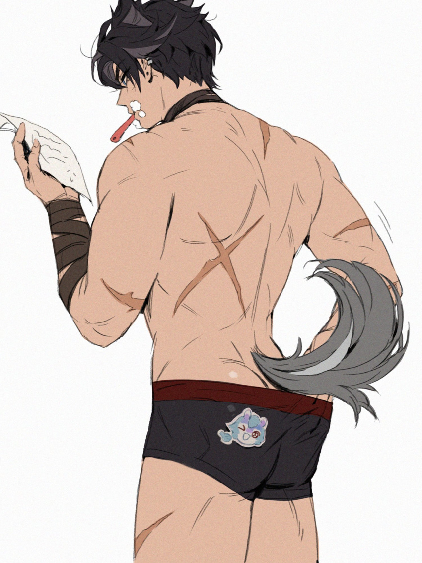 1boy ass bandaged_hand bandaged_neck bandages bara black_hair black_male_underwear dog_boy dog_tail genshin_impact grey_hair hand_under_clothes highres holding male_focus male_underwear multicolored_hair muscular muscular_male paper scar scar_on_arm scar_on_back scar_on_leg short_hair solo tail toothbrush toothbrush_in_mouth two-tone_hair underwear wriothesley_(genshin_impact) yoma_0_0