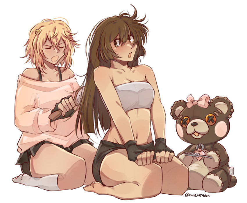 bare_legs barefoot blonde_hair breasts bridget_(guilty_gear) brown_hair brushing_another's_hair brushing_hair cleavage fingerless_gloves gloves guilty_gear guilty_gear_strive highres long_hair may_(guilty_gear) mil17459623 pleated_skirt roger_(guilty_gear) seiza short_hair short_shorts shorts simple_background sitting skirt socks strapless stuffed_animal stuffed_toy sweater teddy_bear tube_top