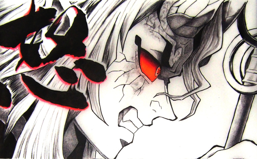 1boy angry clenched_teeth colored_sclera cracked_skin demon_boy demon_horns fang highres hitomisaba holding holding_staff horns kimetsu_no_yaiba looking_away male_focus monochrome photo_(medium) portrait profile red_eyes red_sclera red_theme sekido_(kimetsu_no_yaiba) simple_background solo spot_color staff teeth text_in_eyes traditional_media