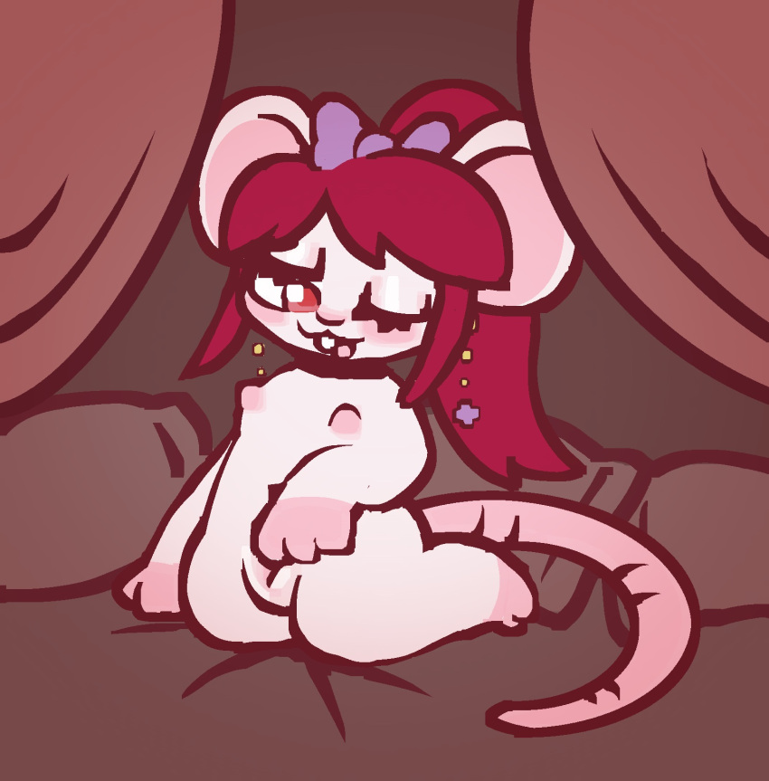 anthro bed female fingering fur furniture hair hi_res mammal mouse murid murine red_hair rodent smile solo vaginal vaginal_fingering white_body white_fur yakkotsuki