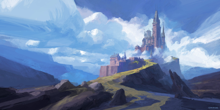 andreas_rocha artist_name blue_sky castle cloud european_architecture highres mountain no_humans original outdoors rock sky watermark