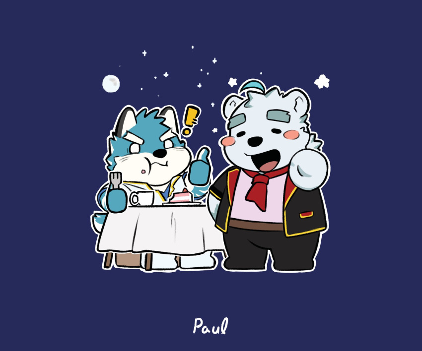 2023 anthro bear biped black_nose blush bottomwear canid canine chibi clothing duo eating exclamation_point eyes_closed gesture hi_res kemono knights_college mammal pants paul_(knights_college) polar_bear pteragon shirt simple_background sitting thumbs_up topwear ursine