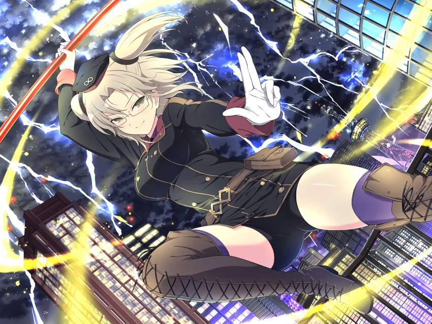 1girl belt boots breasts brown_hair building city city_lights cityscape cloud cloudy_sky dark_clouds electricity glasses gloves green_eyes hat highres holding holding_weapon imu_(senran_kagura) large_breasts light_brown_hair lightning looking_at_viewer official_alternate_costume official_art parted_bangs pouch ruyi_jingu_bang senran_kagura senran_kagura_new_link senran_kagura_shinovi_versus short_hair short_shorts short_twintails shorts sky skyline skyscraper smile solo storm thigh_boots thighhighs tower twintails weapon white_gloves window yaegashi_nan