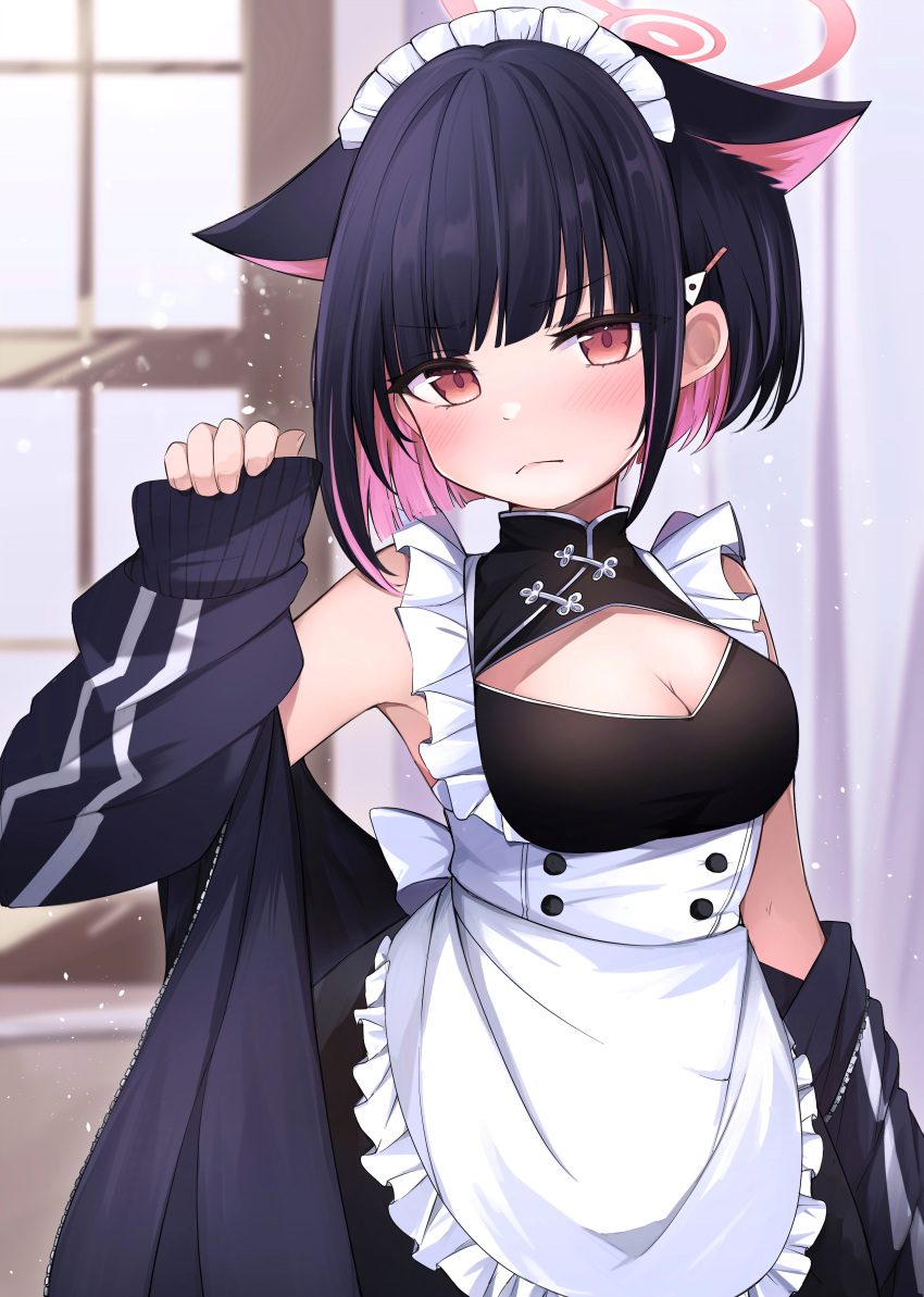 1girl absurdres alternate_costume animal_ears apron black_dress black_hair black_jacket blue_archive blush breasts cat_ears cleavage closed_mouth dress enmaided frilled_apron frills futagoma halo highres jacket kazusa_(blue_archive) large_breasts maid maid_apron maid_headdress pink_hair pink_halo red_eyes short_hair solo white_apron