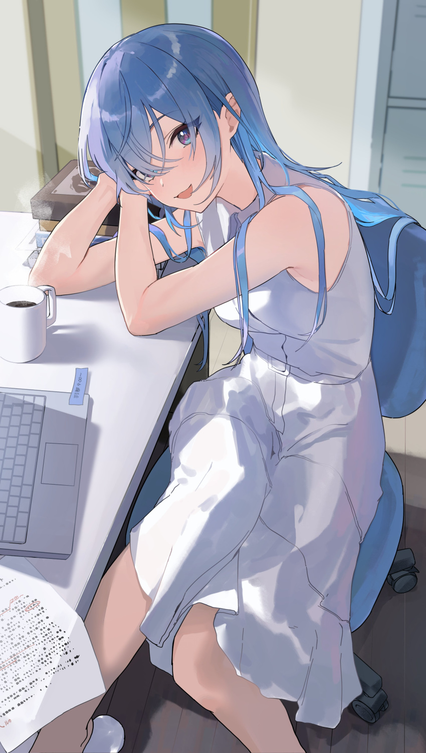 1girl absurdres arm_rest blue_eyes blue_hair blush breasts coffee coffee_mug computer cup dress highres idolmaster idolmaster_shiny_colors indoors laptop looking_at_viewer medium_breasts mug paper sitting sleeveless sleeveless_dress smile solo steam suzuki_hana uouokuma white_dress