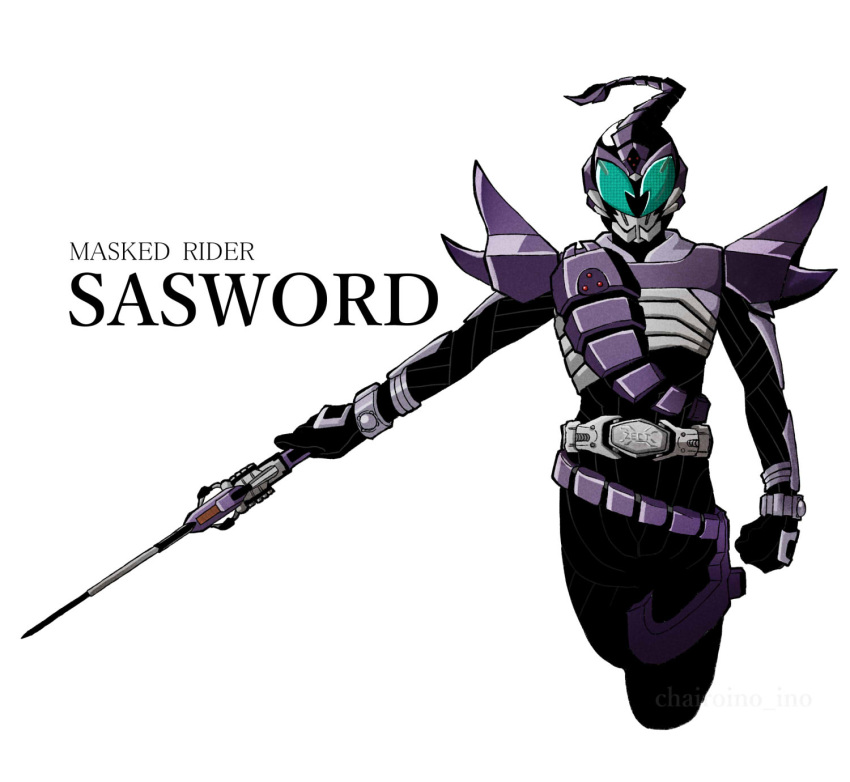 armor belt bodysuit chairoino_ino character_name green_eyes helmet highres holding holding_sword holding_weapon kamen_rider kamen_rider_kabuto_(series) kamen_rider_sasword power_armor shoulder_armor sword tokusatsu weapon