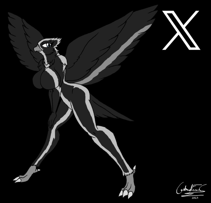 anthro avian bird black_background black_body black_fur breasts female fur overlord_gabriel simple_background solo twitter twitter_logo x_(social_media) x_corporation