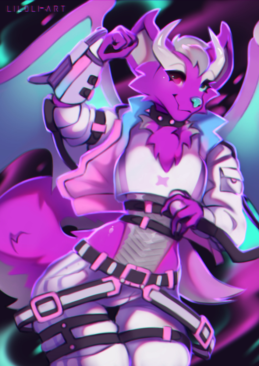 anthro belt blue_eyes canid canine canis claws clothing collar costume dragon fluffy fluffy_tail fur girly hi_res horn hybrid liloli_(artist) male mammal nintendo pink_eyes pokemon purple_body purple_fur ribbons simple_background smile solo spiked_collar spikes straps tail tape wings wolf