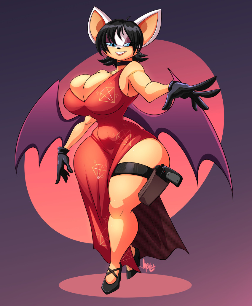 2023 absurd_res ada_wong_(resident_evil) anthro bat black_hair blue_eyes breasts clothing dress female footwear gloves gun hair handgun handwear hi_res high_heels holster jaeh mammal ranged_weapon rouge_the_bat sega solo sonic_the_hedgehog_(series) weapon wide_hips wings