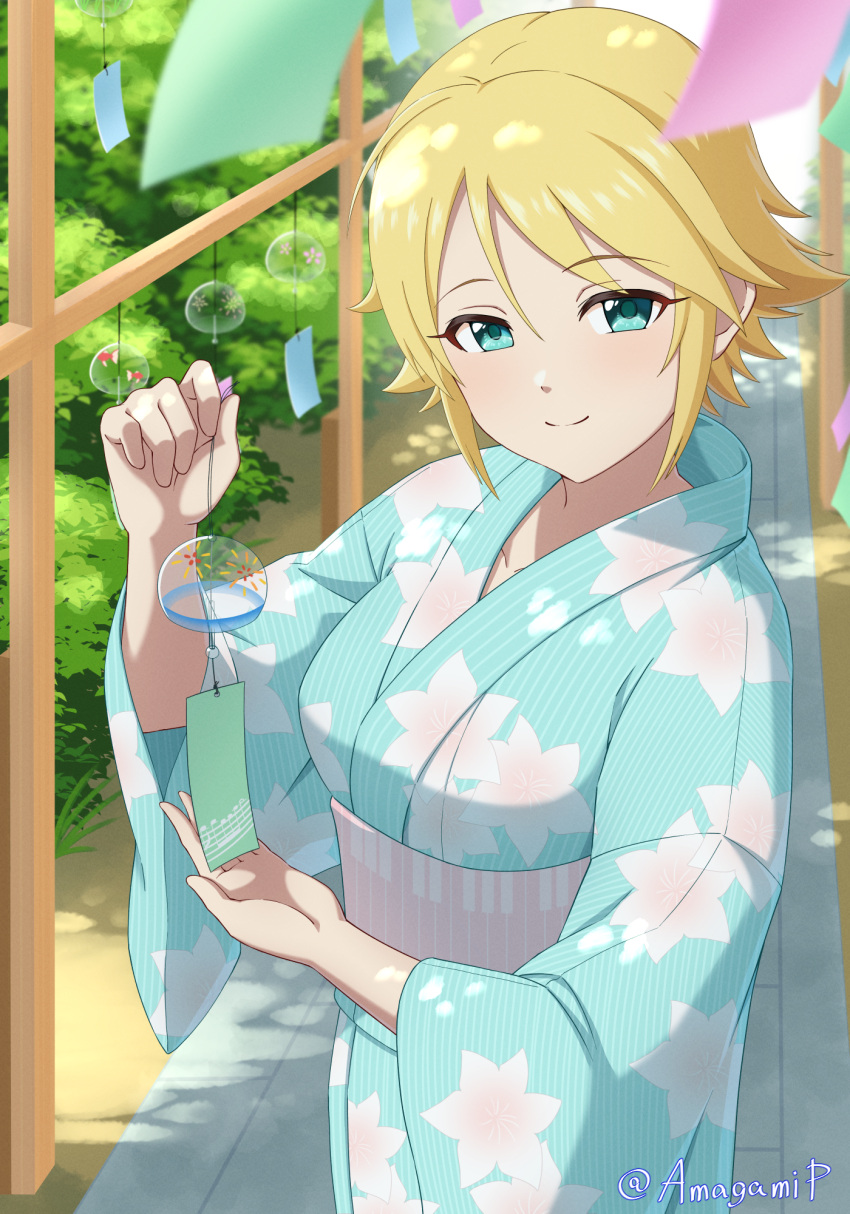 1girl amagamip blonde_hair blue_kimono breasts bush closed_mouth collarbone cowboy_shot day dot_nose floral_print green_eyes hands_up highres holding_wind_chime idolmaster idolmaster_cinderella_girls idolmaster_cinderella_girls_starlight_stage japanese_clothes kimono large_breasts long_sleeves looking_at_viewer obi outdoors print_kimono sash short_hair smile solo standing tanabata twitter_username umeki_otoha wide_sleeves wind_chime