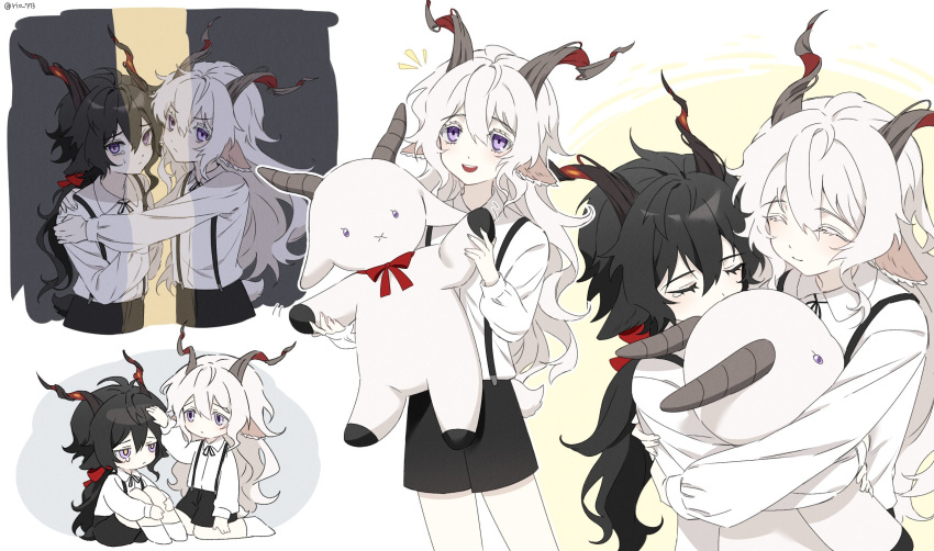 2boys aged_down angry animal_ears arknights black_hair black_shorts chibi closed_eyes closed_mouth colored_eyelashes ebenholz_(arknights) feet_out_of_frame full_body goat_boy goat_ears goat_horns happy headpat highres holding holding_stuffed_toy horns hug hugging_own_legs kreide_(arknights) long_hair looking_at_viewer multiple_boys multiple_views open_mouth purple_eyes rio_(rio773) shirt shorts simple_background smile socks stuffed_goat stuffed_toy suspender_shorts suspenders twitter_username upper_body white_background white_hair white_shirt white_socks