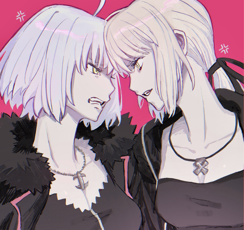 2girls ahoge anger_vein artoria_pendragon_(fate) black_jacket black_ribbon blonde_hair bob_cut breasts cleavage collarbone commentary_request confrontation fate/grand_order fate_(series) forehead-to-forehead frown fur-trimmed_jacket fur_trim furrowed_brow glaring hair_ribbon half-closed_eyes heads_together highres jacket jeanne_d'arc_alter_(fate) jeanne_d'arc_alter_(ver._shinjuku_1999)_(fate) jewelry large_breasts long_hair low_ponytail medium_breasts multiple_girls necklace open_clothes open_jacket open_mouth pale_skin pink_background ribbon saber_alter_(ver._shinjuku_1999)_(fate) scowl short_hair simple_background smile upper_body v-shaped_eyebrows white_hair yellow_eyes zumu_(quw87)