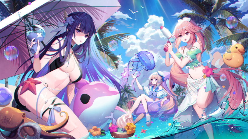 3girls absurdres alternate_costume animal_ears blunt_bangs closed_mouth cloud cloudy_sky colored_tips detached_sleeves flower fox_ears genshin_impact hair_flower hair_ornament highres holding holding_water_gun inflatable_duck inflatable_orca inflatable_toy jellyfish lemonpear long_hair looking_at_viewer multicolored_hair multiple_girls navel octopus open_mouth outdoors pink_hair purple_eyes purple_hair raiden_shogun sangonomiya_kokomi sidelocks sitting sky smile standing standing_on_one_leg starfish sunlight swimsuit tree umbrella very_long_hair water water_gun yae_miko