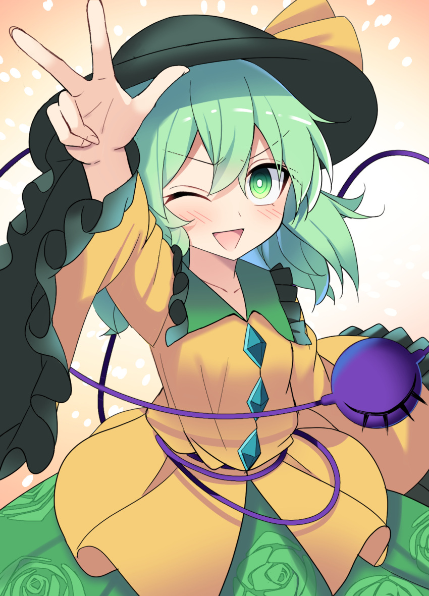 1girl :d black_headwear blouse blush bow buttons collarbone commentary_request diamond_button e.o. eyeball frilled_shirt_collar frilled_sleeves frills green_eyes green_hair green_skirt hat hat_bow hat_ribbon highres komeiji_koishi light_blush long_sleeves looking_at_viewer one_eye_closed open_mouth orange_background ribbon shirt short_hair skirt smile solo subterranean_animism third_eye touhou triangle_mouth v-shaped_eyebrows w wide_sleeves yellow_ribbon yellow_shirt