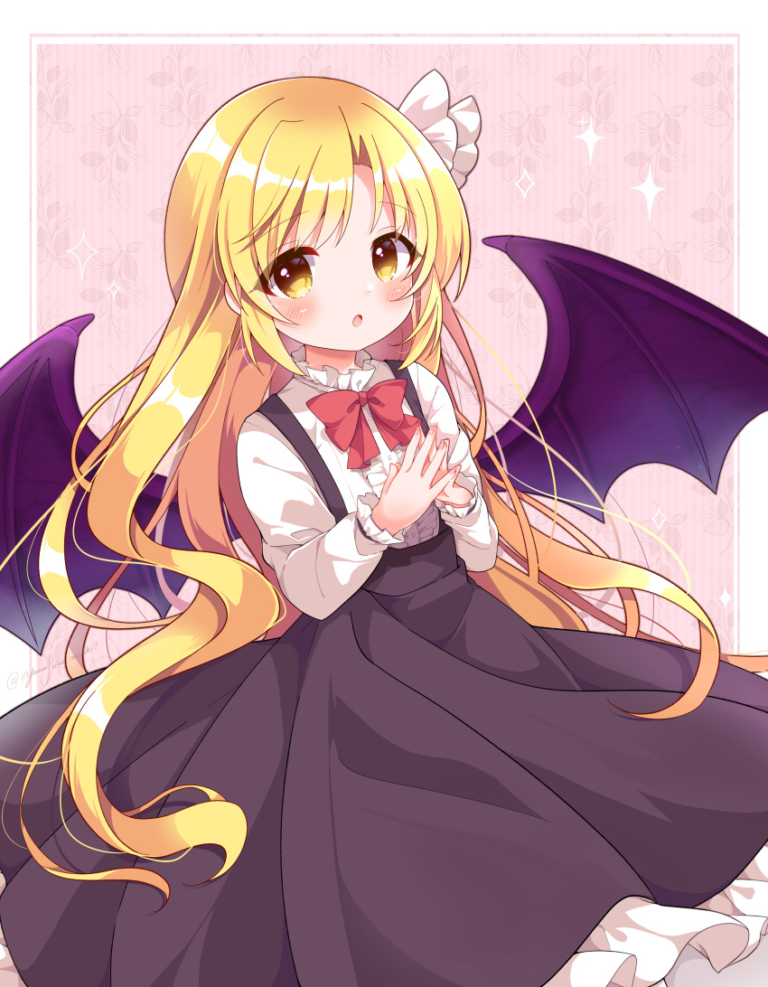 1girl absurdres bat_wings black_skirt blonde_hair blush fingernails frilled_skirt frills highres kurumi_(touhou) long_hair long_sleeves open_mouth purple_wings shirt skirt solo suspender_skirt suspenders touhou touhou_(pc-98) white_shirt wings yellow_eyes yurufuwa_milk