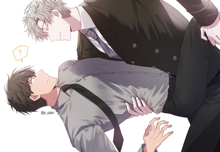 2boys ? black_necktie black_pants blue_necktie brown_hair carrying carrying_person closed_eyes collared_shirt highres ilay_riegrow jeong_taeui male_focus multiple_boys necktie o_ssion pants passion_(manhwa) shirt short_hair simple_background single_arm_hug smile speech_bubble spoken_question_mark white_background white_hair white_shirt yaoi