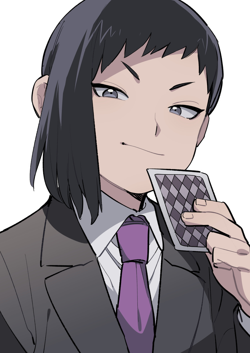 1boy absurdres asagiri_gen bad_id bad_pixiv_id black_hair black_jacket card closed_mouth collared_shirt commentary_request dr._stone formal grey_eyes highres holding holding_card jacket kojirou_(kojirou_sousaku) male_focus necktie playing_card purple_necktie shirt simple_background single_sidelock solo suit white_background white_shirt