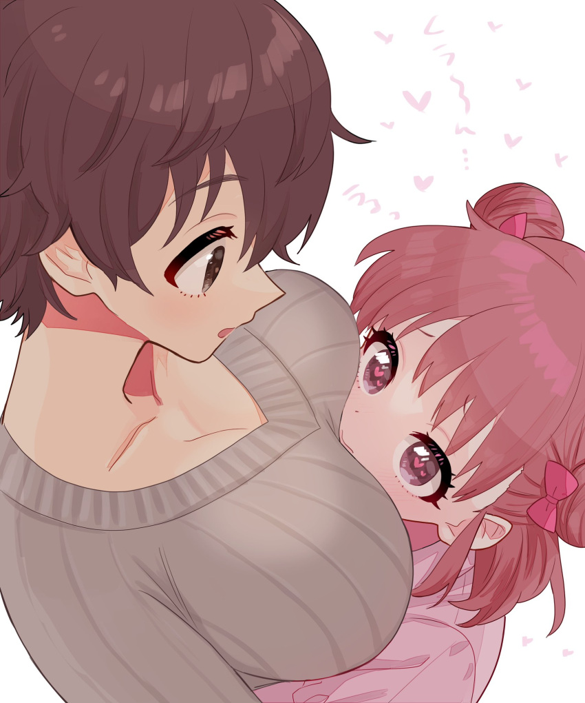 2girls bow breasts brown_eyes brown_hair cleavage closed_mouth collarbone double_bun from_side grey_sweater hair_bun hair_ribbon heart heart_in_eye highres hug idolmaster idolmaster_cinderella_girls idolmaster_cinderella_girls_starlight_stage jacket large_breasts long_sleeves looking_at_another multiple_girls munakata_atsumi oikawa_shizuku open_mouth pink_jacket pink_ribbon purple_eyes ribbon saito_katuo short_hair simple_background staring striped striped_sweater sweater symbol_in_eye white_background