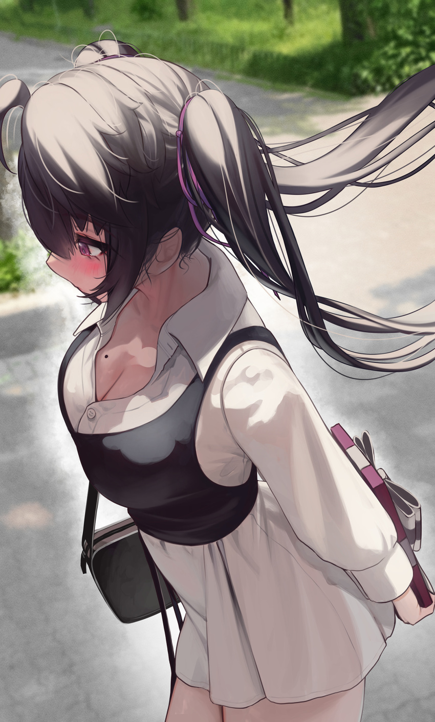 1girl absurdres bag black_hair black_vest blush breasts carrying_bag chocolate cleavage day from_side gift hair_ribbon handbag highres holding holding_gift long_hair mole mole_on_breast original outdoors priite_hari_(torriet) purple_eyes purple_ribbon ribbon shirt skirt solo standing torriet twintails valentine very_long_hair vest white_shirt white_skirt
