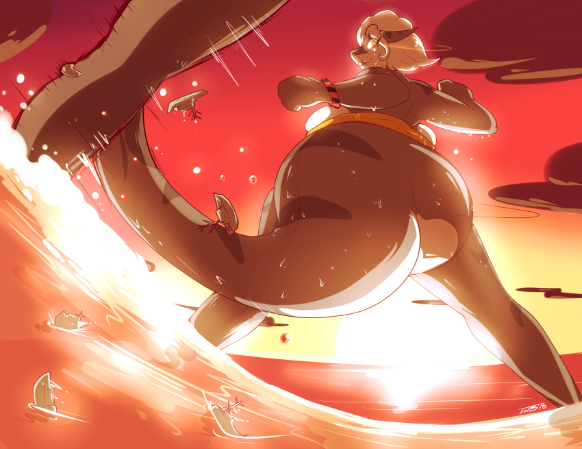 2018 2d_(artwork) absurd_res afternoon anthro back_boob battleship big_breasts big_butt bikini biped black_accessory black_wristband body_turn breasts bulging_breasts butt clothed clothing cloud colored droplets dusk eye_trail eyebrow_through_hair eyebrows falling falling_object falling_vehicle female fin fish fish_tail fleeing grey_body grey_skin grin hair head_turned hi_res legs_in_water light light_trail lilith_(thaddeusmcboosh) looking_back looking_down low-angle_view macro marine markings medium_hair motion_lines noon partially_submerged prick_ears raised_eyebrow rear_view red_accessory red_wristband sea seaside shark sharp_teeth ship signature smile smirk solo spread_legs spreading standing standing_in_water striped_accessory striped_wristband sun sunlight sunset swimwear tail tail_fin tail_markings tail_motion tail_whip teeth thaddeusmcboosh tight_bikini tight_clothing tossing translucent translucent_hair vehicle warship water watercraft wave wet white_hair wristband yellow_bikini yellow_clothing yellow_swimwear
