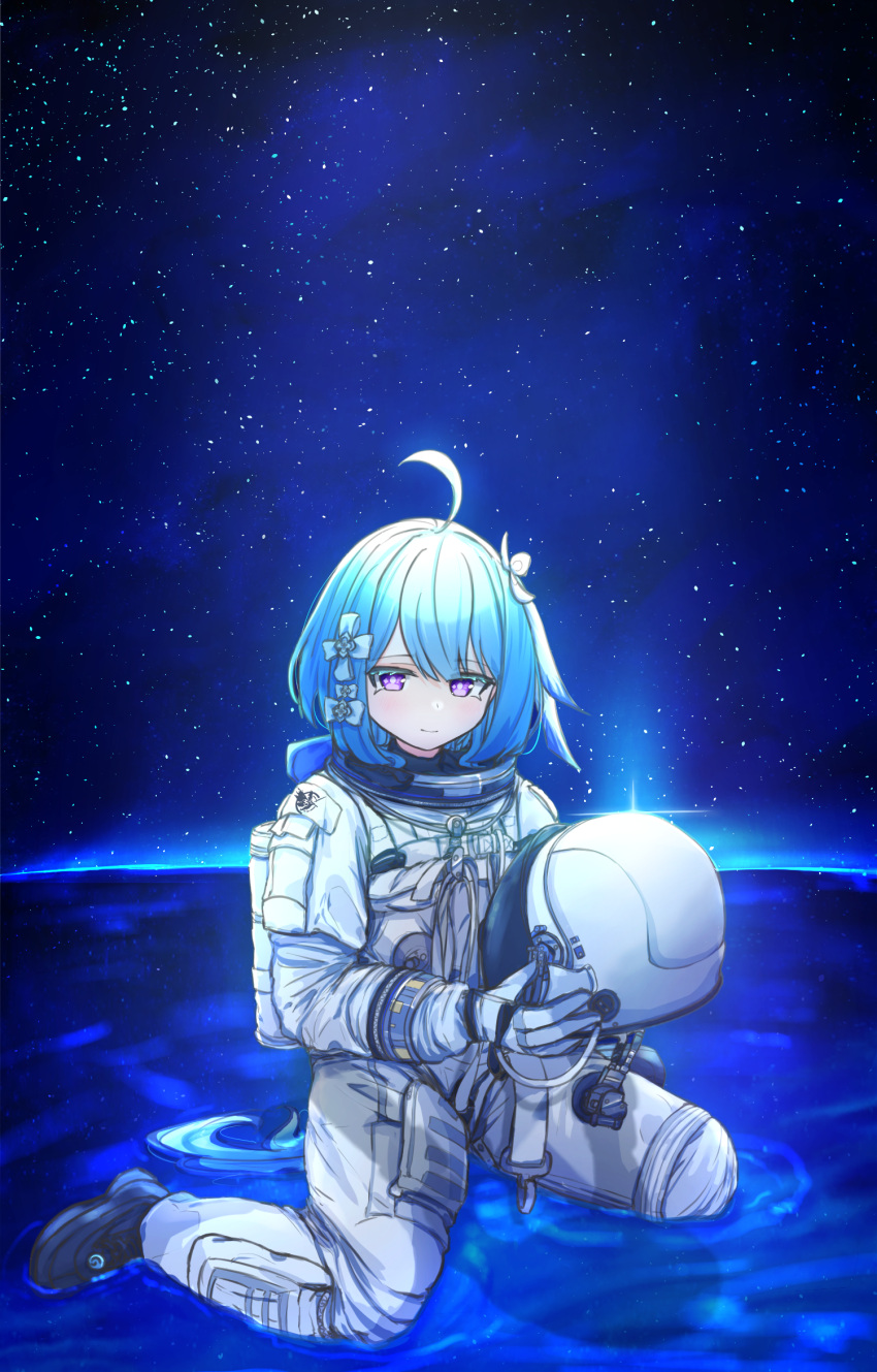 1girl ahoge astronaut blue_hair closed_mouth griseo headwear_removed helmet helmet_removed highres holding holding_helmet honkai_(series) honkai_impact_3rd kyaong long_hair looking_at_viewer purple_eyes shallow_water smile solo space space_helmet spacesuit star_(sky) very_long_hair water white_headwear