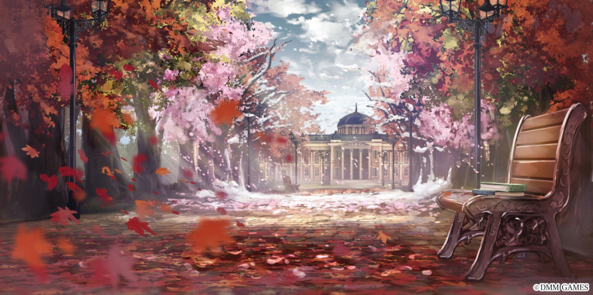 autumn_leaves bare_tree bench blurry book building bungou_to_alchemist cherry_blossoms cloud copyright day depth_of_field falling_leaves falling_petals flower highres lamppost leaf light_rays no_humans official_art outdoors park_bench pavement petals pink_flower scenery seasons sett snow snowing sunlight third-party_source tree