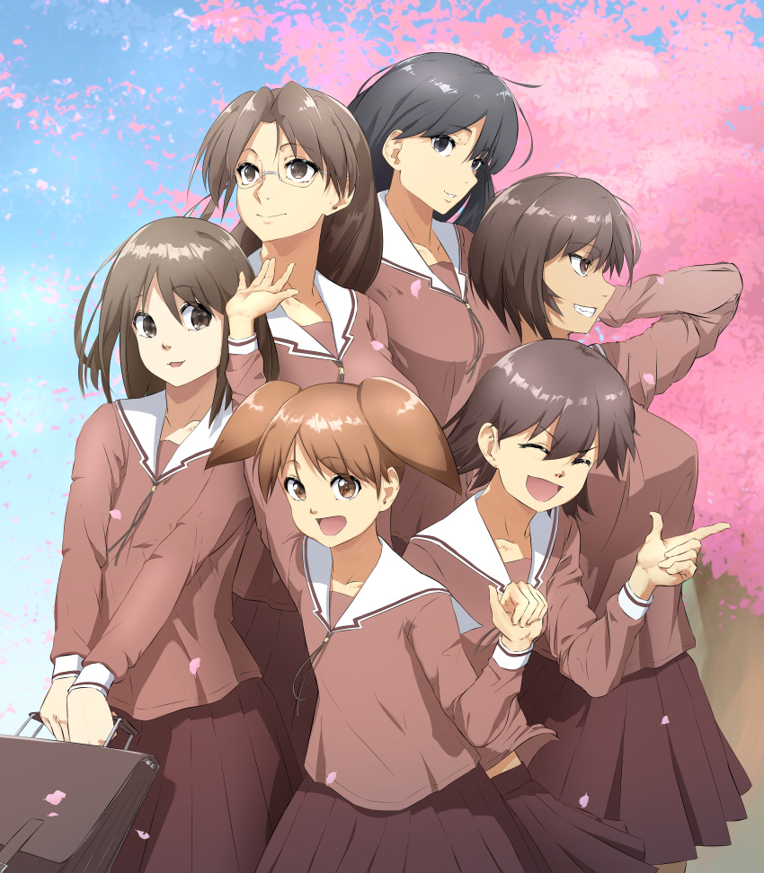 6+girls :d \||/ absurdres arm_behind_head azumanga_daioh azumanga_daioh's_school_uniform black_hair blue_sky bob_cut breasts briefcase brown_bag brown_hair brown_ribbon cherry_blossoms closed_eyes closed_mouth collarbone commentary cooking_pot cowboy_shot glasses grin hand_up highres index_finger_raised kagura_(azumanga_daioh) kasuga_ayumu large_breasts long_hair long_sleeves looking_afar looking_at_another looking_at_viewer lv_99kermit medium_hair mihama_chiyo mizuhara_koyomi multiple_girls neck_ribbon open_mouth orange_hair outdoors pink_shirt pink_skirt pleated_skirt pointing rectangular_eyewear ribbon romaji_commentary sakaki_(azumanga_daioh) school_briefcase school_uniform shirt short_hair short_twintails skirt sky small_breasts smile standing takino_tomo tree twintails uniform upper_body v-shaped_eyebrows winter_uniform