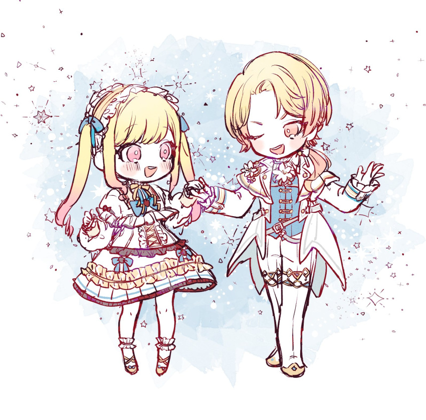 1boy 1girl :d alternate_hairstyle blonde_hair blue_bow blue_vest blush boots bow bright_pupils brother_and_sister buckle chibi coat collared_shirt commentary cross-laced_clothes cross-laced_dress dress flower frilled_dress frills gloves hair_bow highres lapels light_blue_background lolita_fashion long_hair long_sleeves looking_at_another looking_to_the_side multicolored_clothes multicolored_dress notched_lapels one_eye_closed open_clothes open_coat open_mouth pants parted_hair pink_eyes pink_footwear pink_hair ponytail poppu_usagi project_sekai puffy_long_sleeves puffy_sleeves ribbon shirt short_hair siblings sideways_glance single_stripe sleeves_past_wrists smile socks sparkle star_(symbol) striped swept_bangs teeth tenma_saki tenma_tsukasa toggles twintails upper_teeth_only vest white_background white_bow white_coat white_dress white_flower white_footwear white_gloves white_pants white_pupils white_shirt white_socks yellow_ribbon