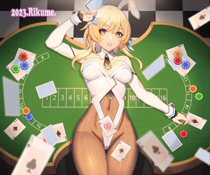 1girl ace_of_clubs ace_of_diamonds ace_of_hearts ace_of_spades animal_ears ass_visible_through_thighs bare_shoulders black_necktie blonde_hair breasts brown_pantyhose card checkered_floor club_(shape) covered_navel detached_collar detached_sleeves diamond_(shape) flower genshin_impact hair_flower hair_ornament heart high-waist_pantyhose highleg highleg_leotard highres indoors leotard long_sleeves looking_at_viewer lumine_(genshin_impact) lying medium_breasts necktie on_back pantyhose parted_lips playboy_bunny playing_card poker_chip rabbit_ears rikume short_hair_with_long_locks short_necktie sidelocks smile solo spade_(shape) strapless strapless_leotard thigh_gap white_flower white_leotard yellow_eyes