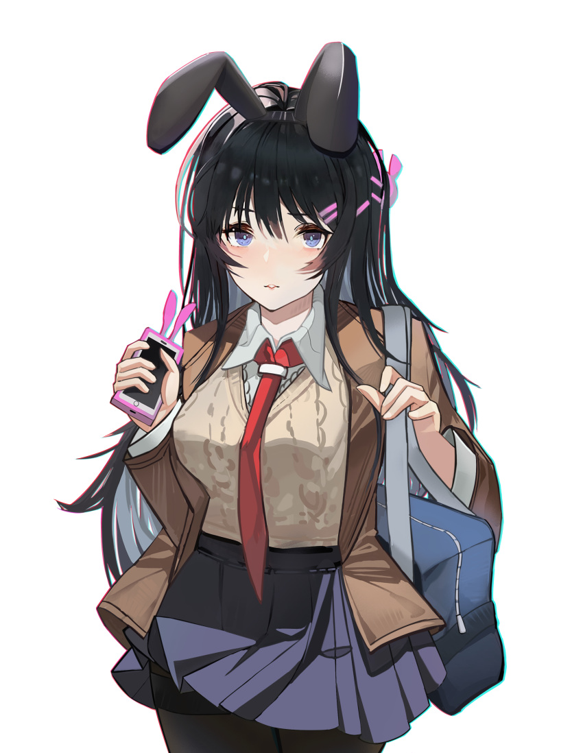 1girl absurdres animal_ears bag black_hair black_skirt blue_bag blue_eyes brown_jacket cellphone collared_shirt cowboy_shot fake_animal_ears hair_ornament hairclip highres holding holding_phone jacket linyao1114 long_hair necktie pantyhose phone pleated_skirt rabbit_ears rabbit_hair_ornament red_necktie ribbed_sweater sakurajima_mai school_bag seishun_buta_yarou shirt skirt smartphone solo sweater thighband_pantyhose