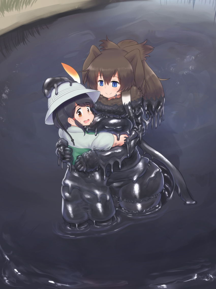 2girls black_hair blue_eyes breasts brown_eyes brown_hair captain_(kemono_friends) dirty dirty_clothes dirty_hands elephant_ears elephant_tail grass hat highres hug kemono_friends large_breasts mammoth_(kemono_friends) mo23 multiple_girls outdoors scared smile thick_thighs thighs
