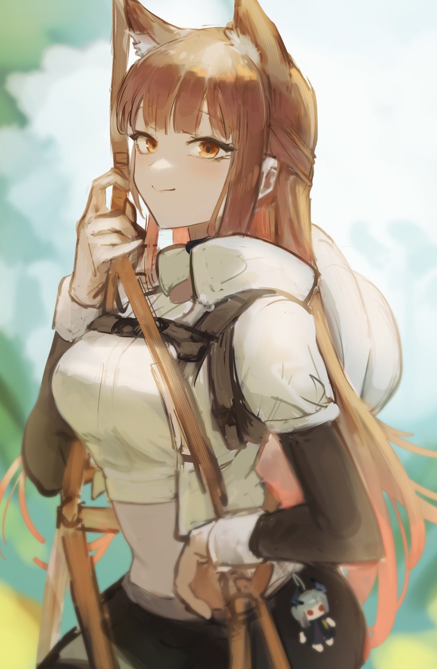 1girl absurdres aiv animal_ear_fluff animal_ears arknights black_pants blunt_bangs brown_eyes brown_hair commentary crop_top fox_ears franka_(arknights) franka_(rainforest_me_rainbow)_(arknights) highres keychain liskarm_(arknights) long_hair long_sleeves looking_at_viewer midriff pants shirt smile solo stomach upper_body very_long_hair white_shirt